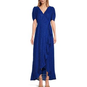 SugarlipsPlisse Shimmer V-Neck Short Sleeve Wrap Midi Dress